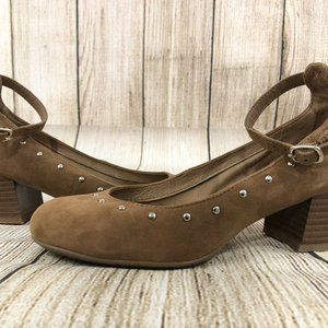 Montana Artisan Crafted Block Heels Sz 6.5 Brown Suede Studs Ankle Strap Comfort
